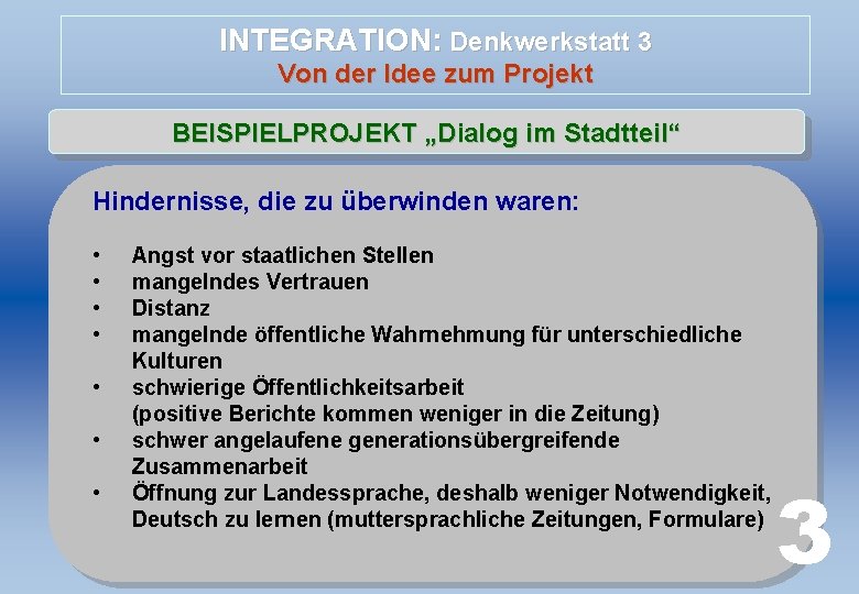 INTEGRATION: Denkwerkstatt 3 Von der Idee zum Projekt BEISPIELPROJEKT „Dialog im Stadtteil“ Hindernisse, die