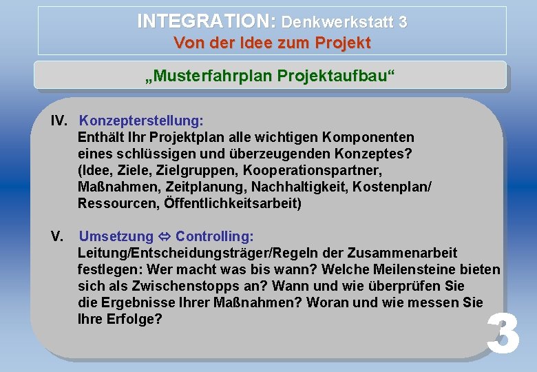 INTEGRATION: Denkwerkstatt 3 Von der Idee zum Projekt „Musterfahrplan Projektaufbau“ IV. Konzepterstellung: Enthält Ihr