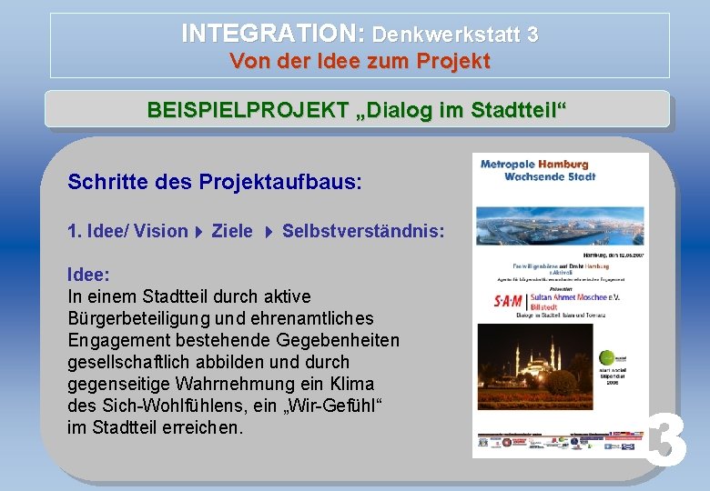 INTEGRATION: Denkwerkstatt 3 Von der Idee zum Projekt BEISPIELPROJEKT „Dialog im Stadtteil“ Schritte des