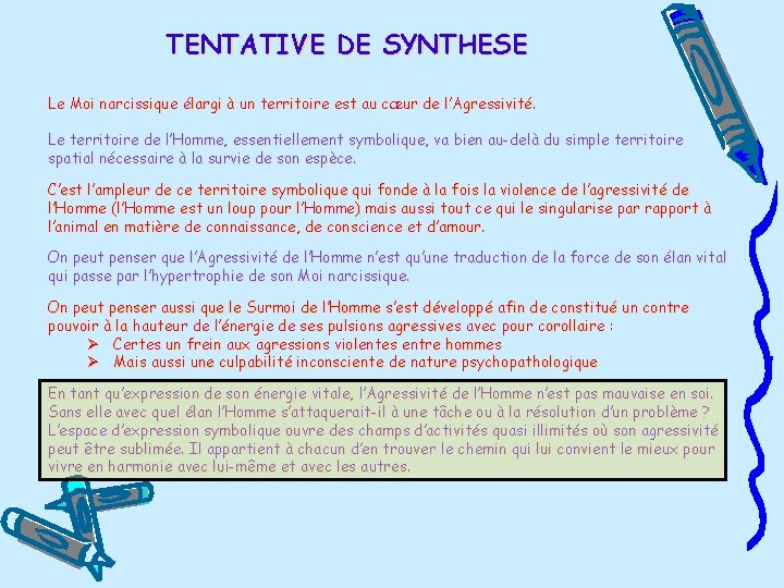 TENTATIVE DE SYNTHESE Le Moi narcissique élargi à un territoire est au cœur de