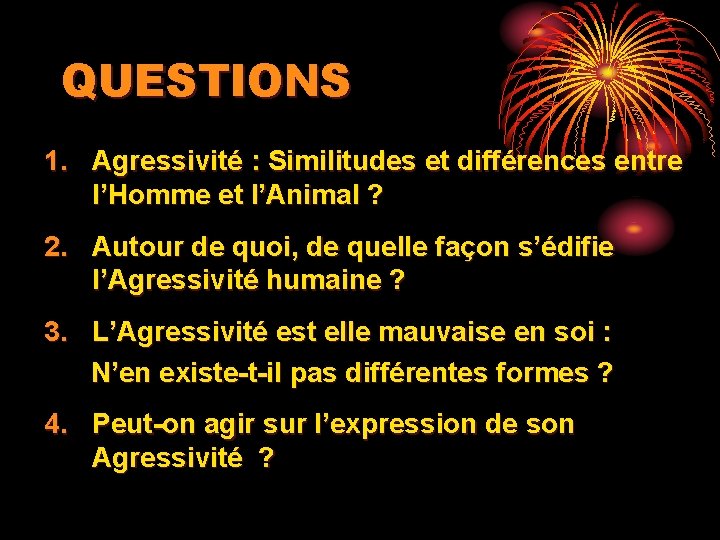 QUESTIONS 1. Agressivité : Similitudes et différences entre l’Homme et l’Animal ? 2. Autour