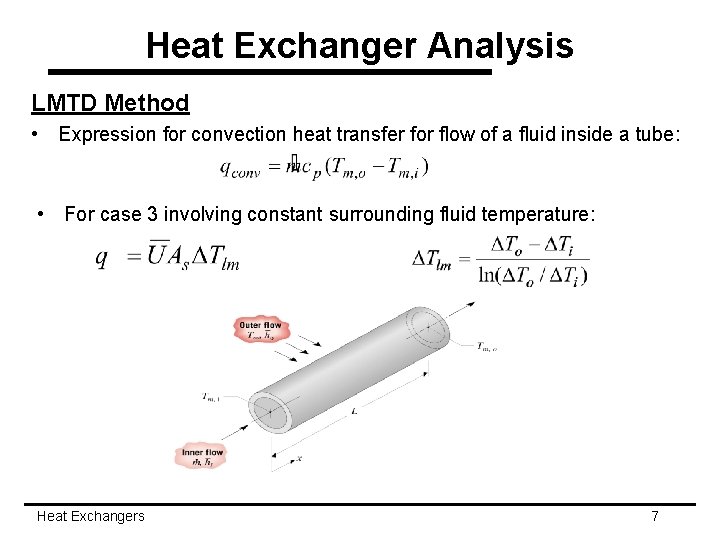 Heat Exchanger Analysis LMTD Method • Expression for convection heat transfer for flow of