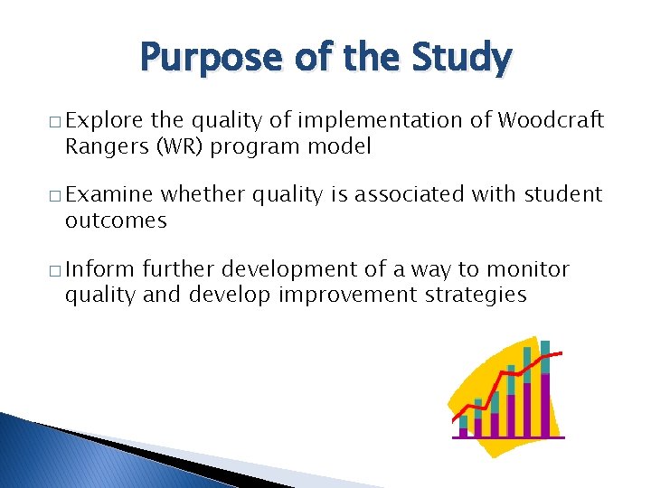 Purpose of the Study � Explore the quality of implementation of Woodcraft Rangers (WR)