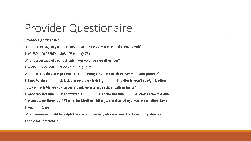 Provider Questionaire Provider Questionnaire What percentage of your patients do you discuss advance care