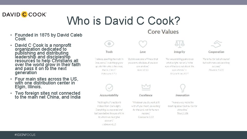 Who is David C Cook? • Founded in 1875 by David Caleb Cook •