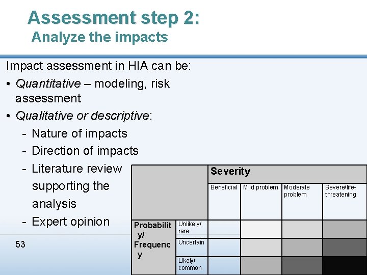 Assessment step 2: Analyze the impacts Impact assessment in HIA can be: • Quantitative