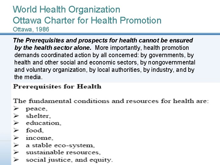 World Health Organization Ottawa Charter for Health Promotion Ottawa, 1986 The Prerequisites and prospects