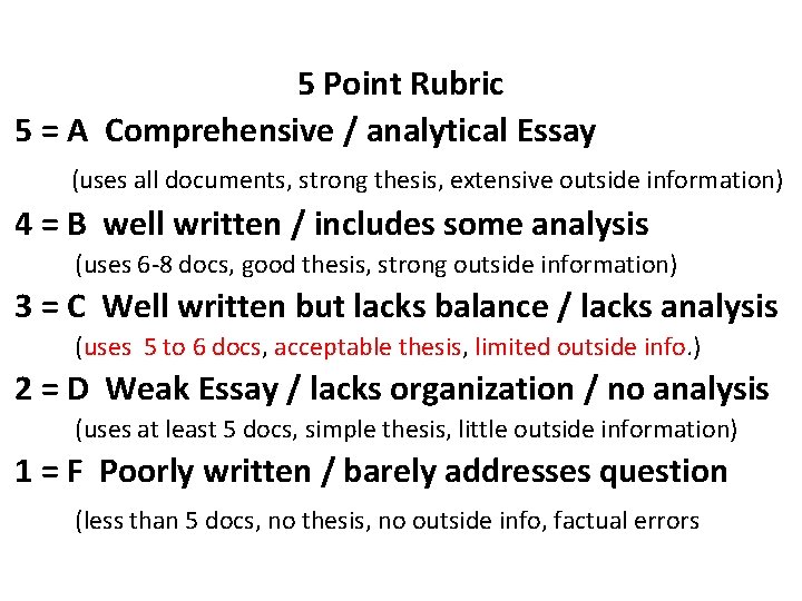 5 Point Rubric 5 = A Comprehensive / analytical Essay (uses all documents, strong