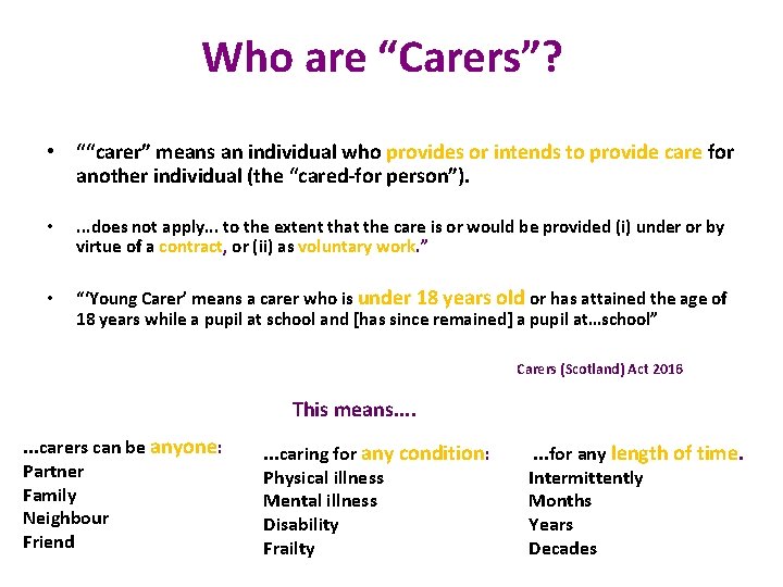 Who are “Carers”? • ““carer” means an individual who provides or intends to provide