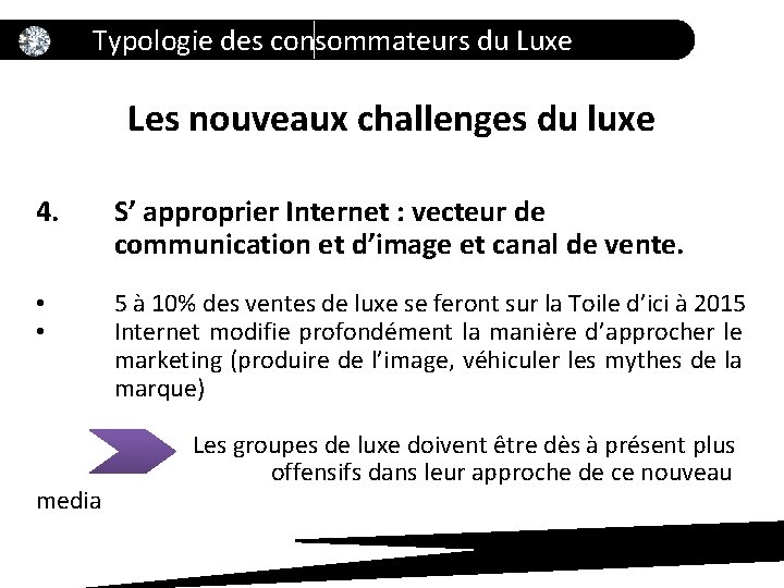 Typologie des consommateurs du Luxe Les nouveaux challenges du luxe 4. S’ approprier Internet