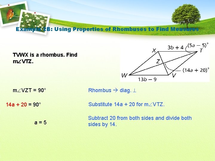 Example 2 B: Using Properties of Rhombuses to Find Measures TVWX is a rhombus.