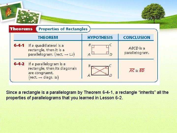 Since a rectangle is a parallelogram by Theorem 6 -4 -1, a rectangle “inherits”