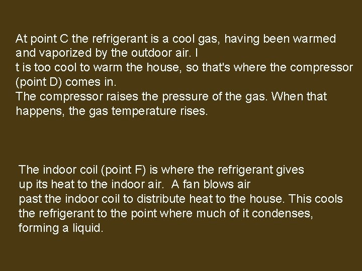 At point C the refrigerant is a cool gas, having been warmed and vaporized