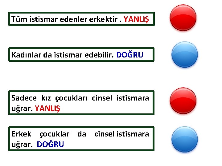 Tüm istismar edenler erkektir. YANLIŞ Kadınlar da istismar edebilir. DOĞRU Sadece kız çocukları cinsel