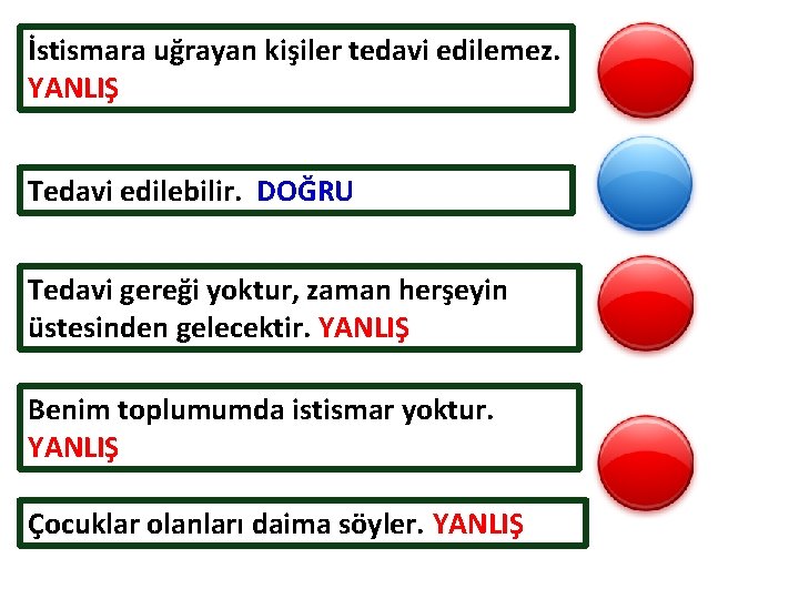 İstismara uğrayan kişiler tedavi edilemez. YANLIŞ Tedavi edilebilir. DOĞRU Tedavi gereği yoktur, zaman herşeyin