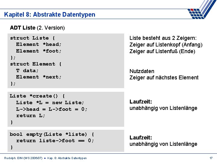 Kapitel 8: Abstrakte Datentypen ADT Liste (2. Version) struct Liste { Element *head; Element