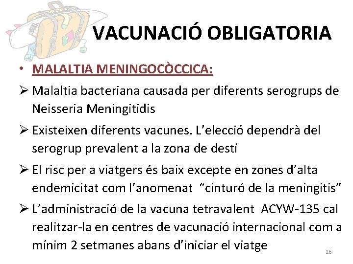 VACUNACIÓ OBLIGATORIA • MALALTIA MENINGOCÒCCICA: Ø Malaltia bacteriana causada per diferents serogrups de Neisseria