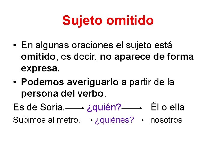 Sujeto omitido • En algunas oraciones el sujeto está omitido, es decir, no aparece