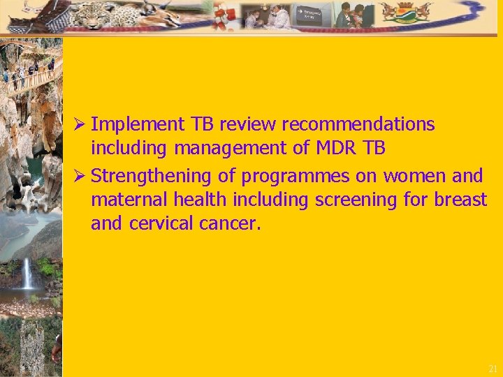Ø Implement TB review recommendations including management of MDR TB Ø Strengthening of programmes