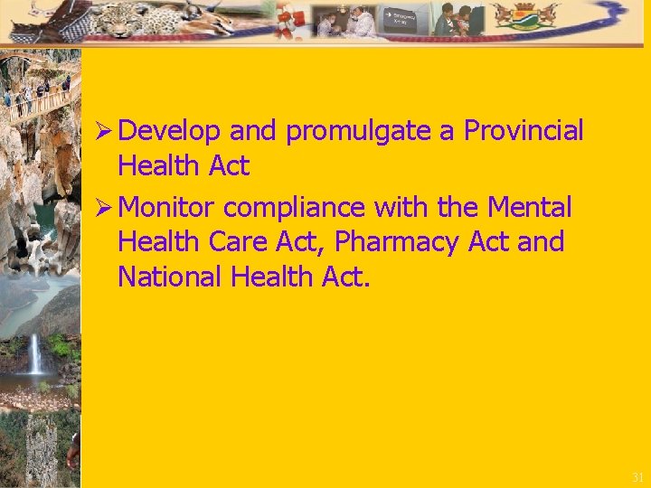 Ø Develop and promulgate a Provincial Health Act Ø Monitor compliance with the Mental