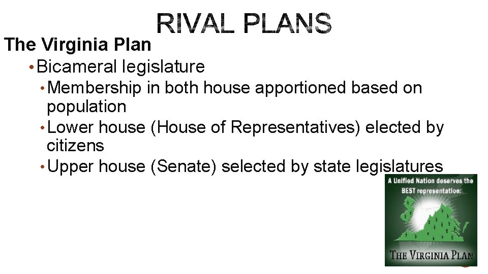 The Virginia Plan • Bicameral legislature • Membership in both house apportioned based on