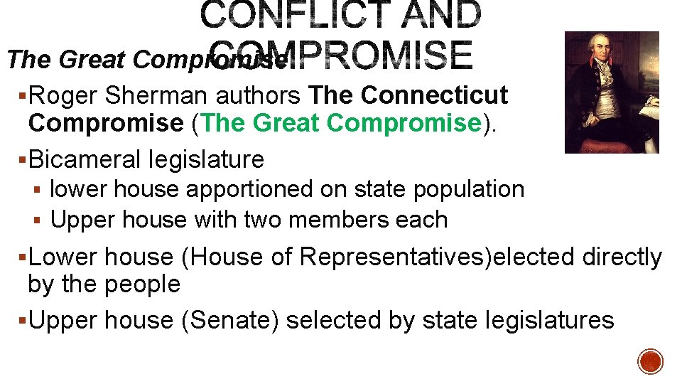 The Great Compromise §Roger Sherman authors The Connecticut Compromise (The Great Compromise). §Bicameral legislature