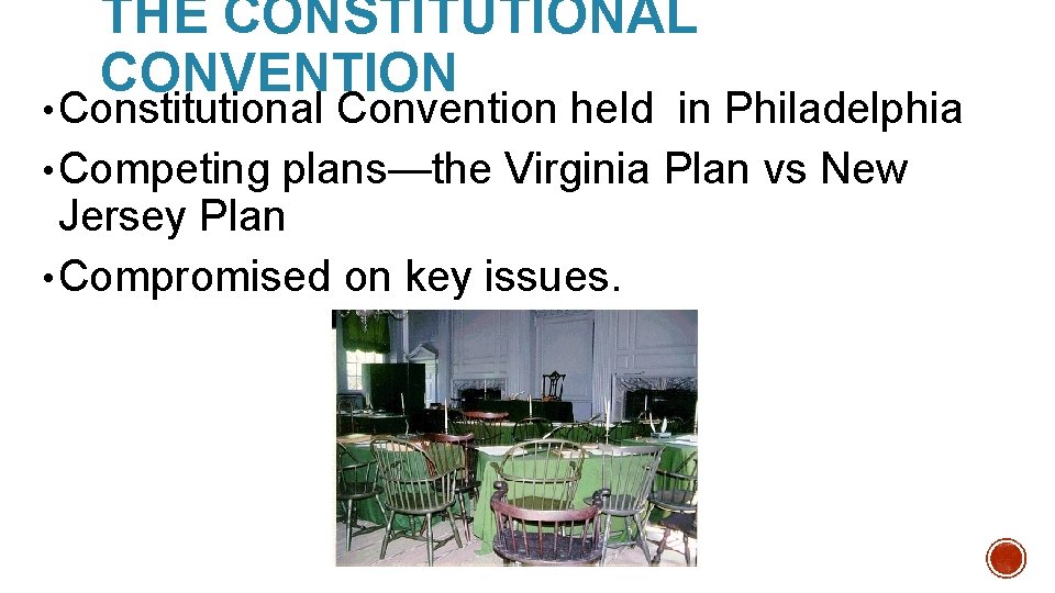 THE CONSTITUTIONAL CONVENTION • Constitutional Convention held in Philadelphia • Competing plans—the Virginia Plan