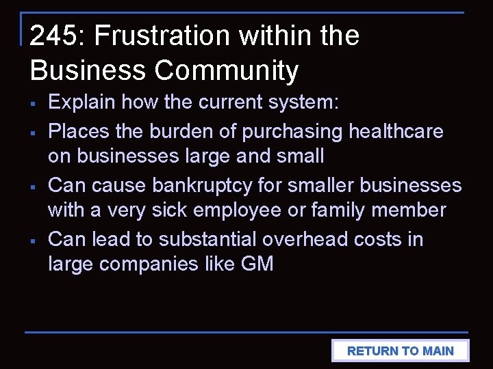 245: Frustration within the Business Community § § Explain how the current system: Places