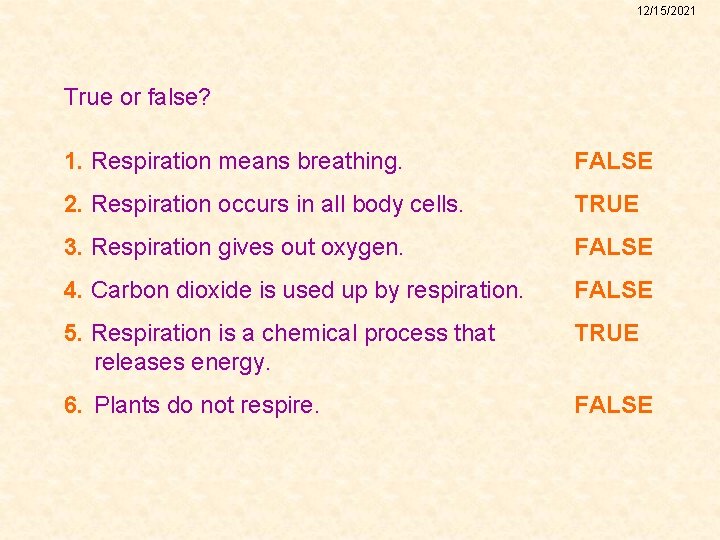 12/15/2021 True or false? 1. Respiration means breathing. FALSE 2. Respiration occurs in all