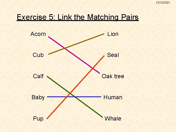 12/15/2021 Exercise 5: Link the Matching Pairs Acorn Lion Cub Seal Calf Oak tree