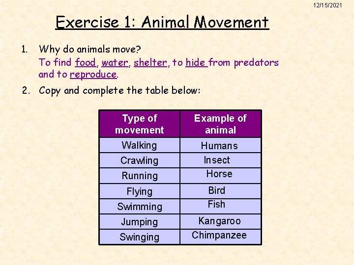 12/15/2021 Exercise 1: Animal Movement 1. Why do animals move? To find food, water,