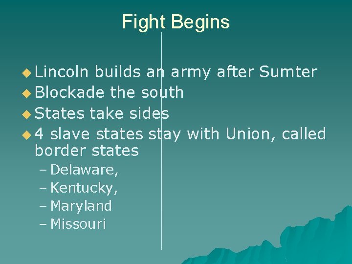 Fight Begins u Lincoln builds an army after Sumter u Blockade the south u