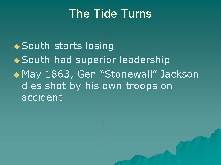 The Tide Turns u South starts losing u South had superior leadership u May