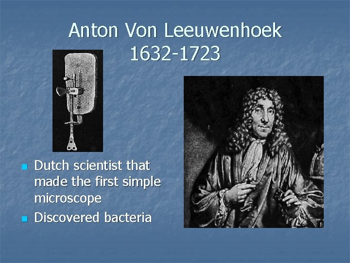 Anton Von Leeuwenhoek 1632 -1723 n n Dutch scientist that made the first simple