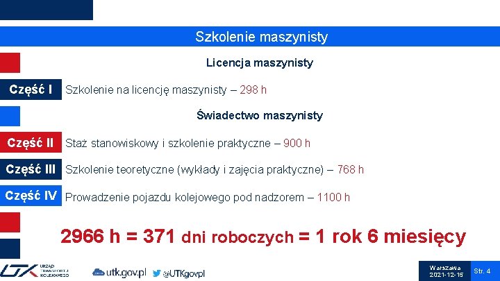 Szkolenie maszynisty Licencja maszynisty Część I Szkolenie na licencję maszynisty – 298 h Świadectwo