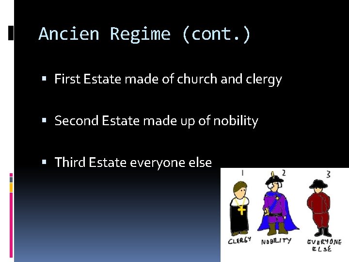 Ancien Regime (cont. ) First Estate made of church and clergy Second Estate made