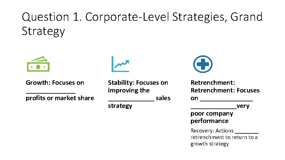 Question 1. Corporate-Level Strategies, Grand Strategy Growth: Focuses on _______ profits or market share