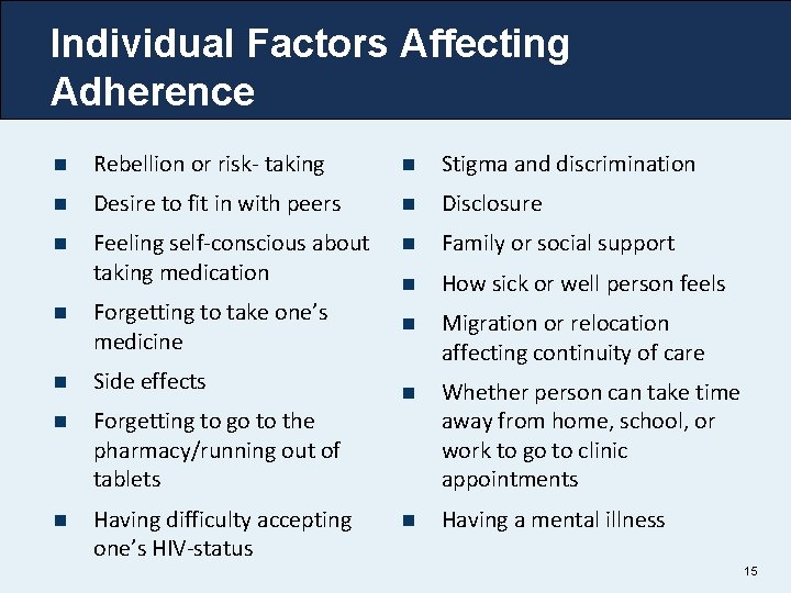 Individual Factors Affecting Adherence n Rebellion or risk- taking n Stigma and discrimination n