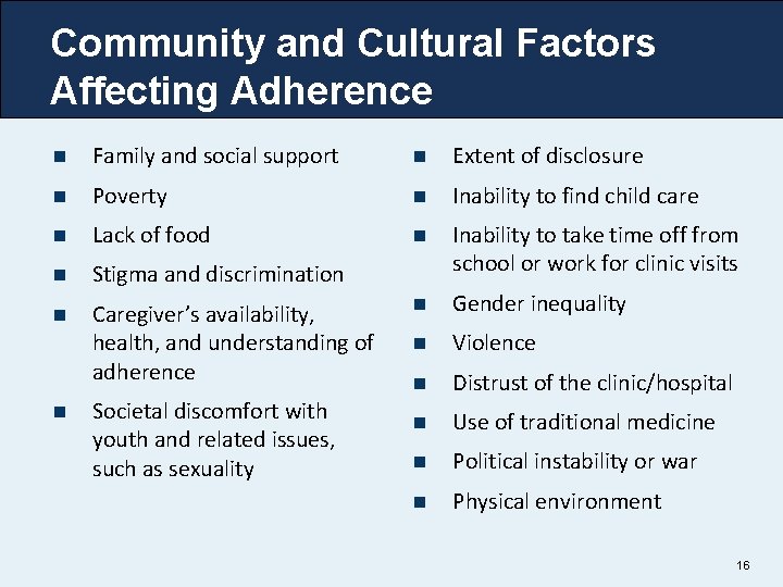 Community and Cultural Factors Affecting Adherence n Family and social support n Extent of