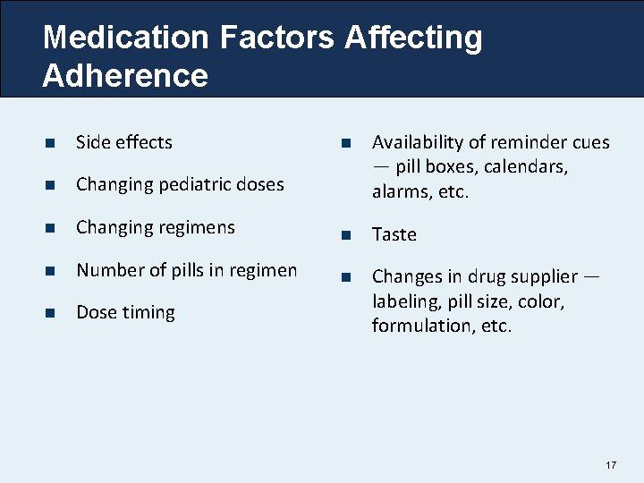 Medication Factors Affecting Adherence n Side effects n Changing pediatric doses n n Availability