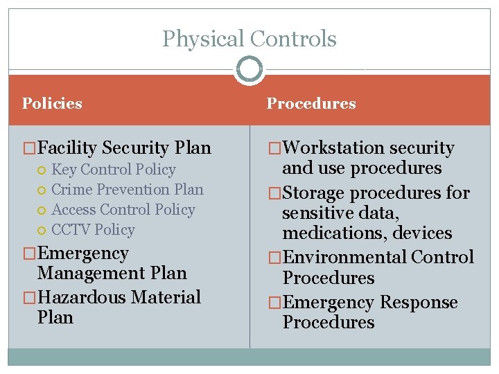 Physical Controls Policies Procedures �Facility Security Plan �Workstation security Key Control Policy Crime Prevention