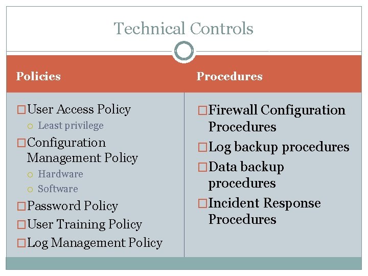 Technical Controls Policies Procedures �User Access Policy �Firewall Configuration Least privilege Procedures �Log backup