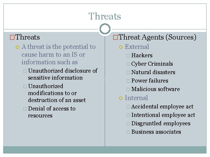 Threats �Threats A threat is the potential to cause harm to an IS or