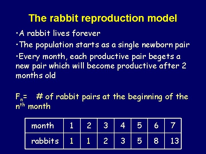 The rabbit reproduction model • A rabbit lives forever • The population starts as