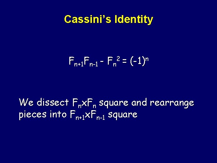 Cassini’s Identity Fn+1 Fn-1 - Fn 2 = (-1)n We dissect Fnx. Fn square