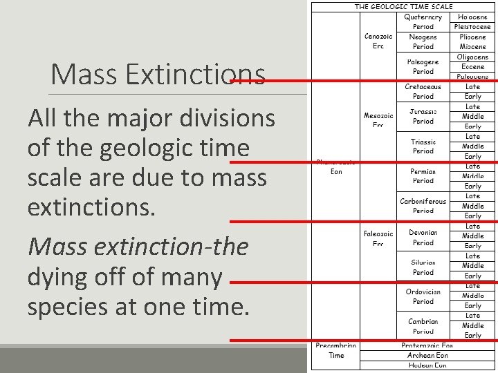 Mass Extinctions All the major divisions of the geologic time scale are due to