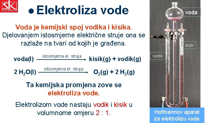  Elektroliza vode voda Voda je kemijski spoj vodika i kisika. Djelovanjem istosmjerne električne