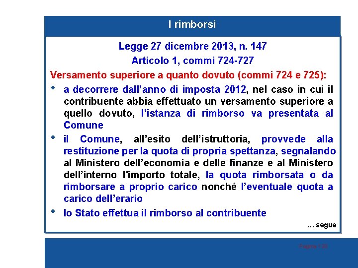 I rimborsi Legge 27 dicembre 2013, n. 147 Articolo 1, commi 724 -727 Versamento