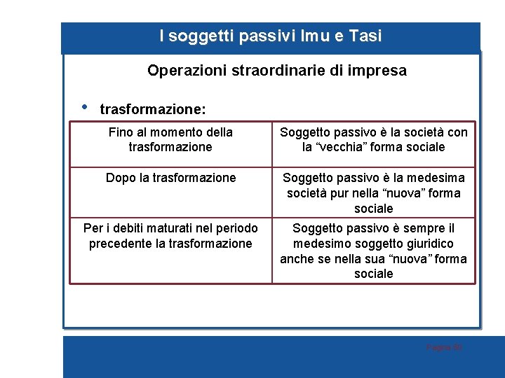 I soggetti passivi Imu e Tasi Operazioni straordinarie di impresa • trasformazione: Fino al