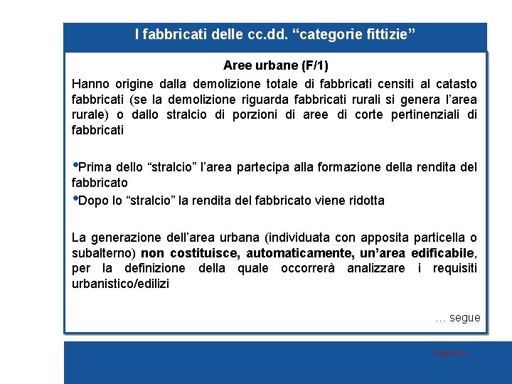 I fabbricati delle cc. dd. “categorie fittizie” Aree urbane (F/1) Hanno origine dalla demolizione